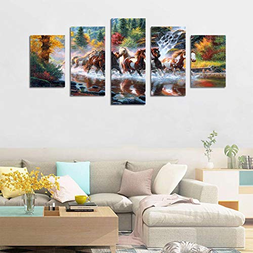 Arthome520 Golden Landscape Home Decor Canvas Print Painting Colorful Animal Horse Picture Wall Art Contemporary Framed Ready To Hang 5 Panel (12''X18''X2+12''X24''X2+12''X30''X1) #TOP3