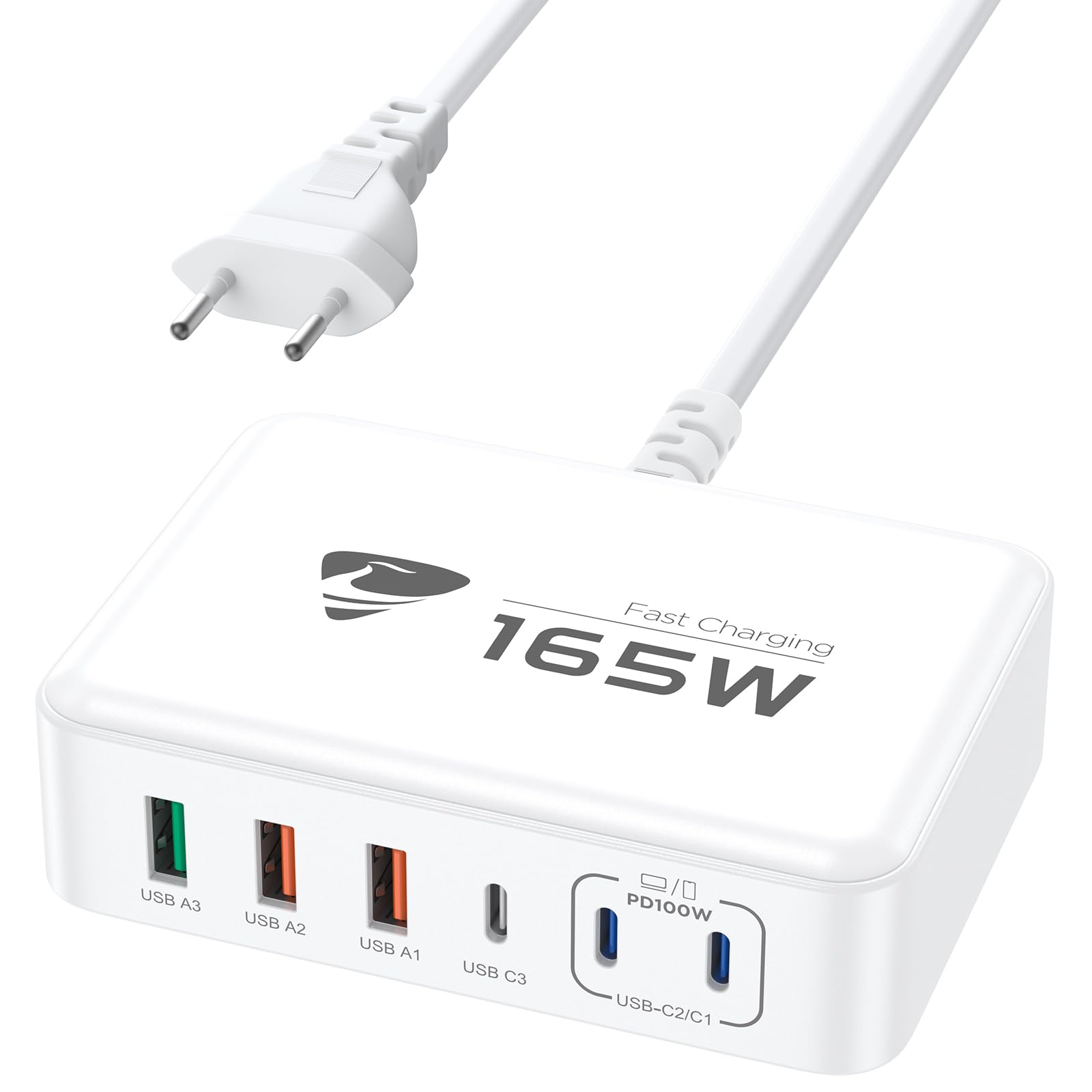 Aione 165W Caricatore USB C Multiplo,6-Porto Caricabatterie Spina USB GaN PD & QC 3.0 Carica Cellulare,Alimentatore USB C Multipla Stazione di Ricarica USB per iPhone MacBook Laptop Samsung iPad Pixel