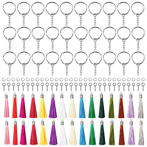 YSDMY 120 Pcs Tassels Key Rings Key Chains Sets for Jewellery Making 30 Tassels Pendents 30 Key Chain Rings 30 Eye Screws 30 Jump Rings,Tassle Keyring for Craft Handmade Bracelets Pendants