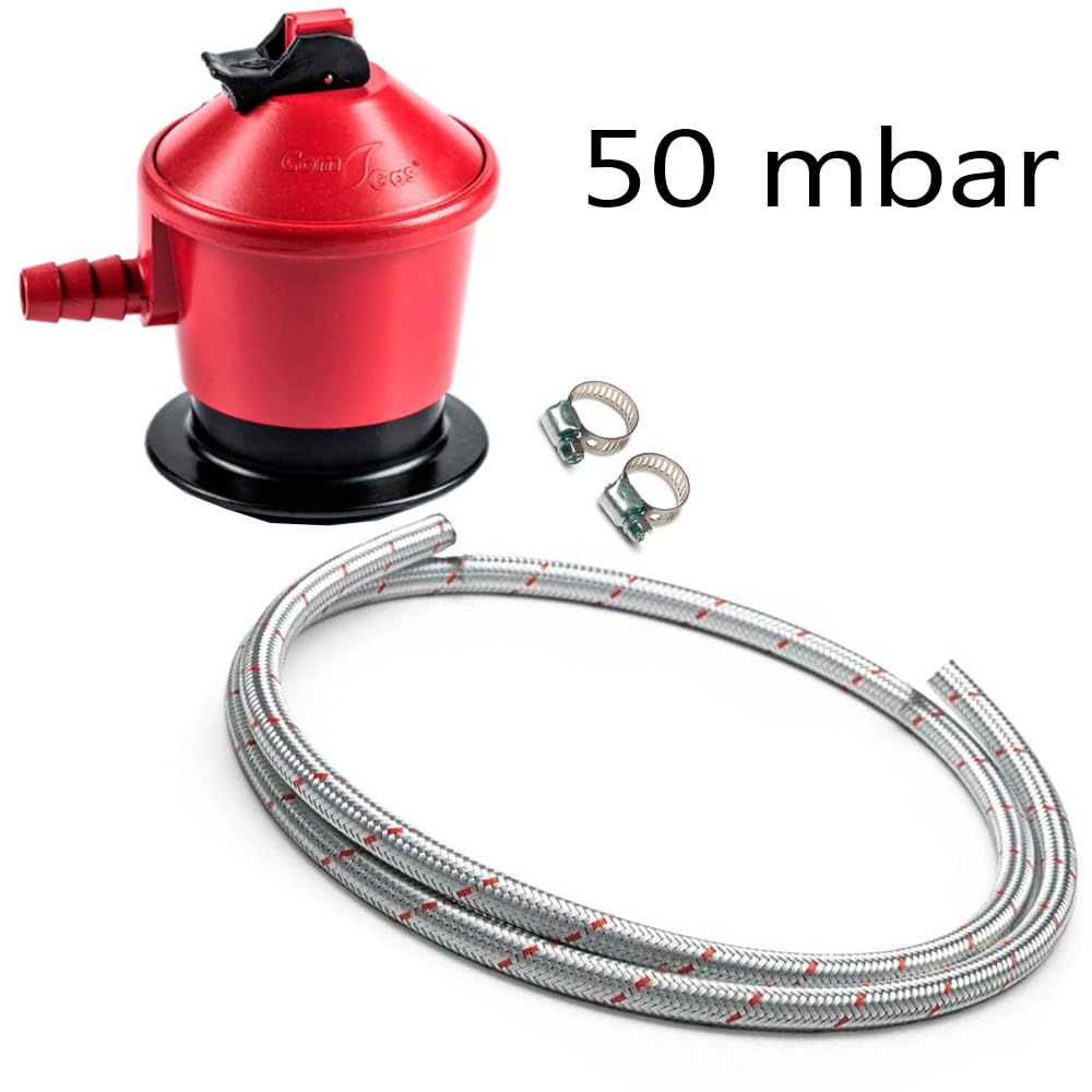 Kit completo butano/propano: Regulador 50 mbrs + Tubo blindado malla acero 2 metros + 2 abrazaderas de seguridad | Apto para cocinas, estufas, calderas y barbacoas de gran potencia. Ideal Hostelería.