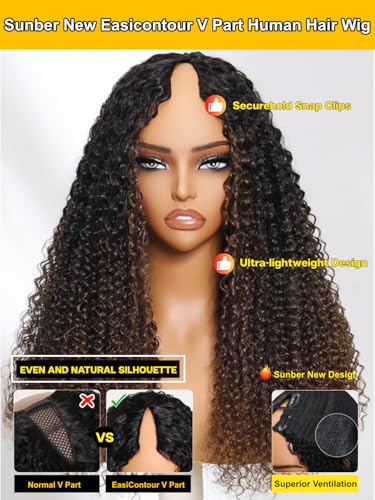 Image of EasiContour V Part Human Hair Ombre Chestnut Brown Curly Glueless Wig Upgrade Vpart Wigs No Leave Out No Gel 180% Density V Shape Clip Wigs No Sew in Ready to Go Beginner Friendly 24Inch