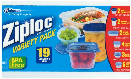 Ziploc Containers - 19 Piece Variety Pack - Twist 'N Loc Bowls, Rectangles, Squares