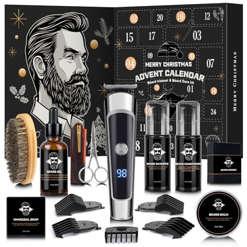 Hair & Beard Advent Beauty Calendar 2025 for Men Grooming Kit, 24 Days Christmas Countdown Calendar with Electric Trimmer Kit & Beard Care Kit for Men, Creative Gifts for Father Dad Husband Boyfriend