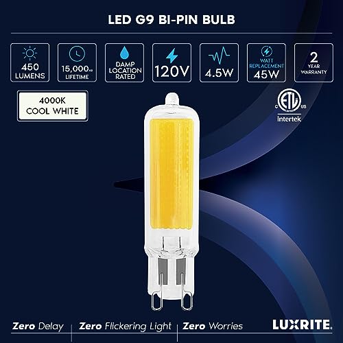Luxrite G9 Led Bulb Dimmable 4.5W, 50 Watt T4 G9 Halogen Equivalent, 4000K Cool White, 450 Lumens, Glass G9 Bi Pin Base, 320° Beam Angle, Etl Listed (5 Pack) #TOP5