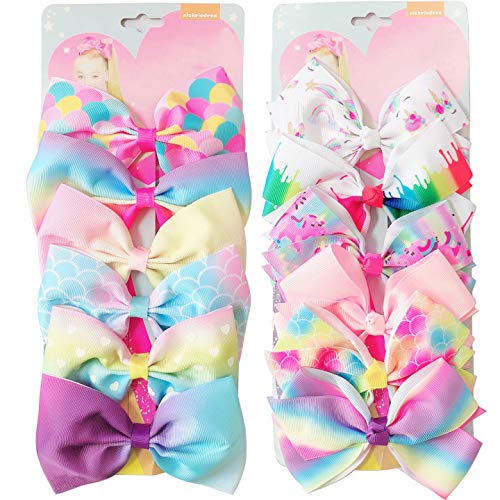 12 PCS Hair Bows for Girls, 5 Alligator Clips for Girls Large Bow Unicorn Rainbow Butterfly Grosgrain Ribbon Hair Barrettes Accessories for Baby, Toddler, Girls (A)