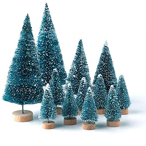 KUUQA 28Pcs Mini Christmas Trees Sisal Snow Frost Trees Bottle Brush Trees Christmas Ornaments Tabletop Trees for Christmas Village Decorations, Home Decorations Diorama Models, Small Size Trees