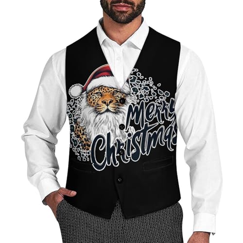 Leopard Santa Merry Christmas Casual Suit Vest for Men Formal Business Dress Regular Fit Waistcoat Tuxedo