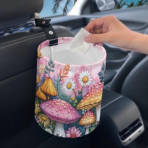 Image of Pink Mushroom Floral Car Garbage Can Small Trash Can with Leak Proof Inside Liner And Hanging Strap Auto Organizer Portable Auto Essentials