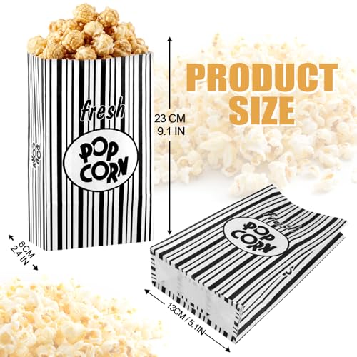 Image of Thenshop 200 Pcs Paper Popcorn Bags Flat Bottom 2 oz Disposable Film Individual Servings Oil Resistant Leak Proof Container Vintage Retro Black and White Popcorn Sleeves Bags