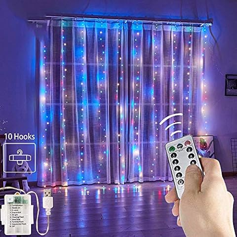 Curtain Fairy Lights - 3m×3m 300 LED Xmas Window String Light Icicle Copper Wire Lighting USB Plug in with Hooks & Remote Control for Indoor Outdoor Bedroom Wedding Christmas Decorations (Multicolor) Cover