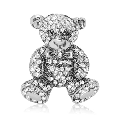 Cute Rhinestone Small Bear Brooch Pins For Women Men Dainty Crystal Bowknot Animal Enamel Corsage Scarf Clips Clothing Shawl Badge Lapel Collar Brooch Fashion Christmas Holiday Birthday Jewelry Gifts (Silver)