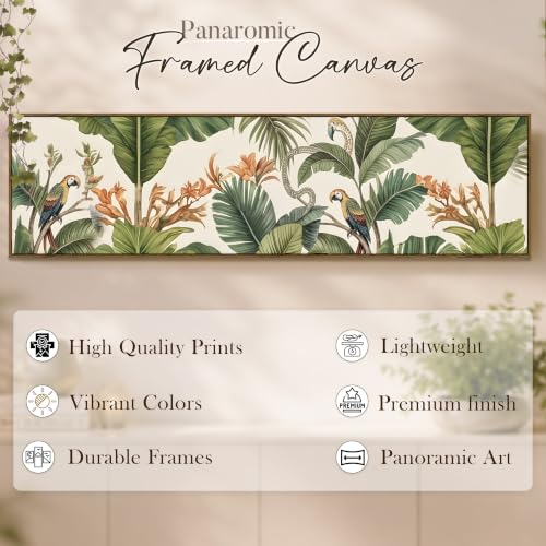 Image of PAINTINGMANTRA Amazonia Macaw Foliage Panel Cancas Wall Art Painting For Living Room Tropical Jungle Wall Decor Horizontal Wall Art Botanical Nature Large Framed Painting Living Room Decoration Vibrant Colorful 33x119 cm