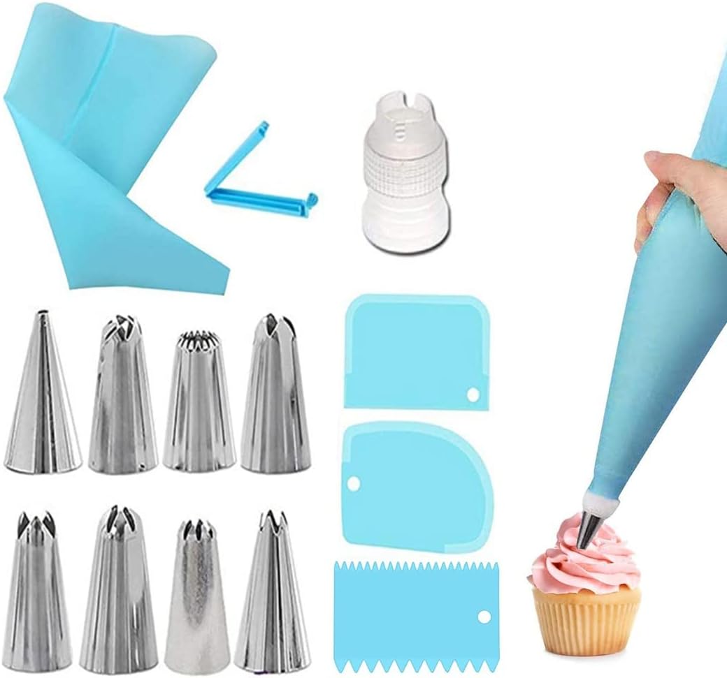 SIOPPKIK Manga Pastelera y Juego de Decoración de Tartas, 17 Piezas, con Manga Pastelera de Silicona y Boquillas de Acero Inoxidable y Espatula&Rasqueta Panadero