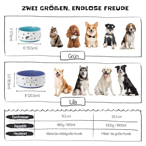 Keramik Futternapf für Hunde - Großer Hundenapf mit fröhlichem Welpenmotiv - Fressnapf und Wassernapf für mittelgroße bis große Hunde - 1900 ml - Durchmesser 20,3 cm - Lila
