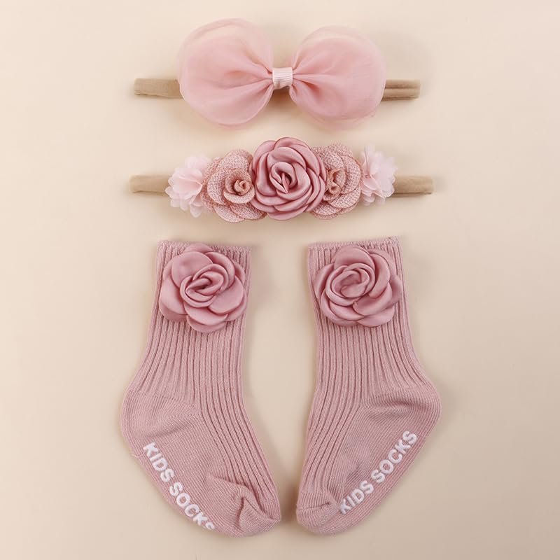 mligril Baby Girls Headband & Socks Set, Cute Non Slip Cotton Socks with Flower Hair Bows Bowknot Style Baby Accessories Gifts for Newborn Infant Toddler