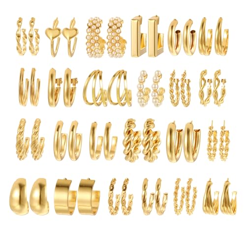 Shining Diva Fashion 24 pairs Combo Celebrity Inspired Trendy Latest Stylish Gold Plated Geometric Twist Pearl Hoop Dangle Earrings for Women and Girls (Image - 1)