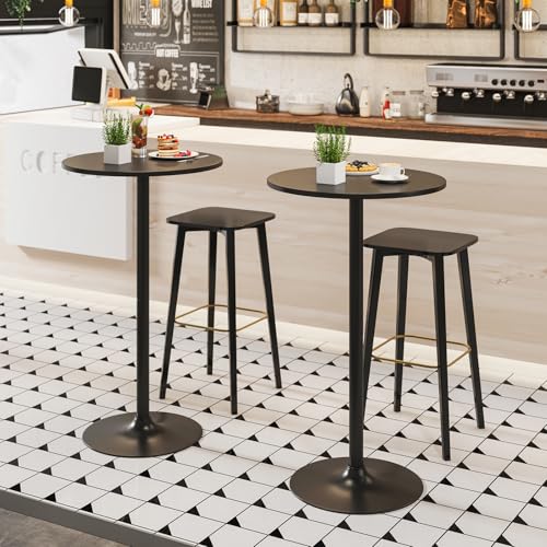 Image of Giantex 2PCS 2-in-1 Bar Table with Detachable Pole, Heavy-Duty Metal Base, 24 inch Round Top, 40 inch /22 inch Two Convertible Height, Cocktail Pub Table for Dining Room, Restaurant, Kitchen, Black