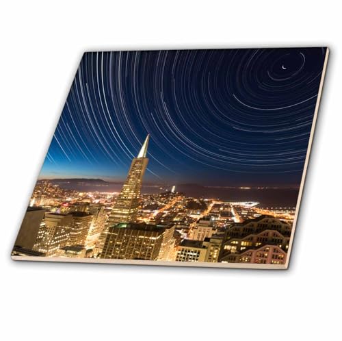 3dRose California, San Francisco. Star Trails Above Transamerica Building. Tile, 4 x 4