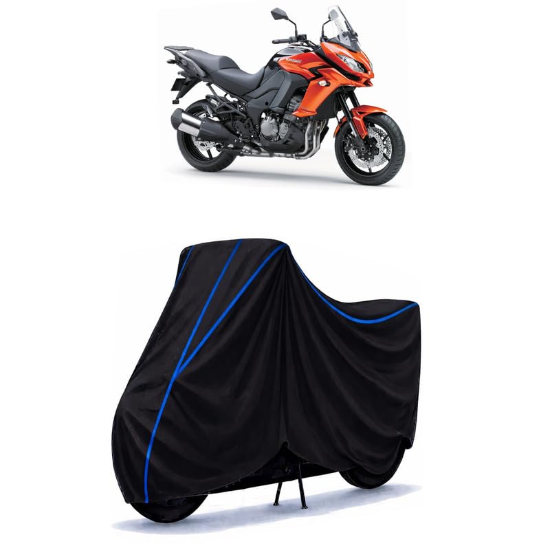 Image of Versys Bike Cover Water Resistant Universal Motorcycle Rain | Heavy Duty UV Protection, Dust, Scratch Indoor Outdoor All Weather with Black Blue Piping Elastic