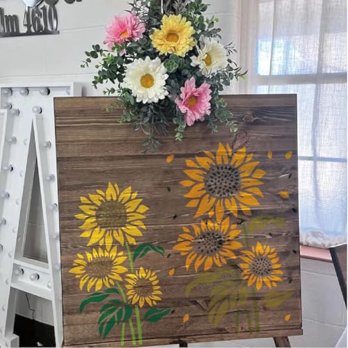 Image of Wildflower Stencils for Painting on Wood, Vine Cherry Blossom Bird Tree Leaf Stencils for Crafts Reusable Wood Burning Drawing Art Paint and Patterns for Wall Cake Cookie (13 Spring A5) (Sun flower)