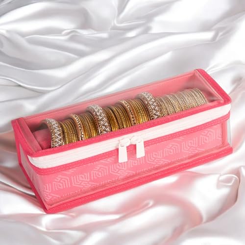 Image of HomeStrap Non-Woven Single Rod Bangle Box with Transparent Top | Waterproof, Dustproof Organizer for Bangles, Chudis, Bracelets, Watches & Jewellery | Compact Storage Organizer | Pink | Pack of 1