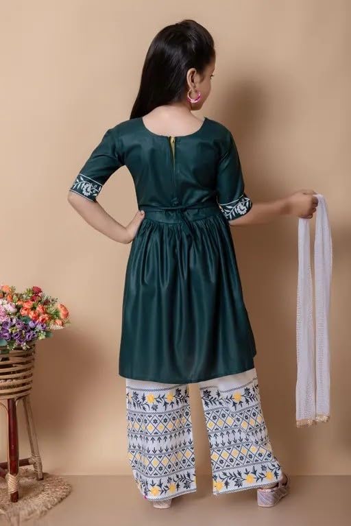 Image of Girls Traditional Embroidered Kurta Palazzo Set, Green and White, Floral Design, Half Sleeves