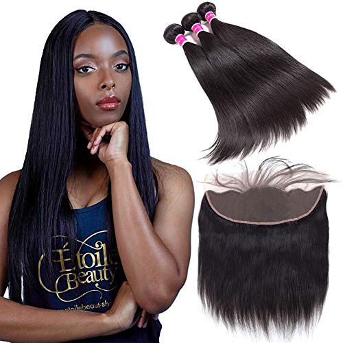 Funky girl Straight Bundles with Frontal Brazilian Human Hair Straight Frontal with Bundles Natural Color 3 Bundles with 13x4 Frontal 12 14 16+10