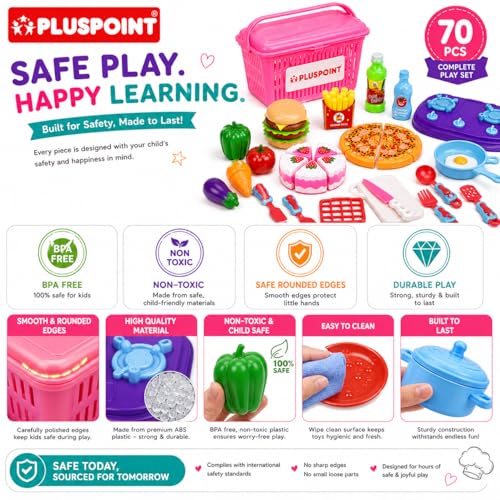 Image of PLUSPOINT 70Pcs The Big Basket Fruit Cutting Toy for Kids with Storage Basket Realistic Sliceable Food Cutting Pretend Play Kids Sets of Cake, Pizza, Kitchen Set, Fruits, Vegies, Fast Food