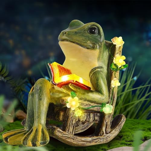 RNPKZ Solar Powered Frog Garden Ornaments, Outdoor Solar Frog Statues, Waterproof Garden Frog Ornaments, Resin frog Reading Book Figurine for Patio Balcony Yard, Housewarming Gifts for Mom Family