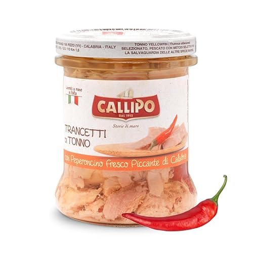 Callipo Trozos de filetes de atún en aceite de oliva con chiles calabreses picantes - Tarro de vidrio de 6 oz (170 g) (paquete de 2)