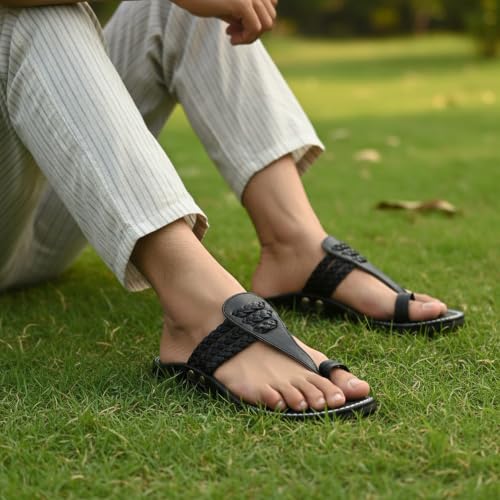 Image of Ethnic Black Sandals For Boys & Men, Comfortable Men's Rajasthani Slippers,