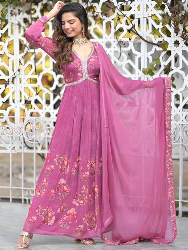 Image of KD Georgette Women's Anarkali Floral Printed Kurta Pant Set with Dupatta Kurta Kurti for Women