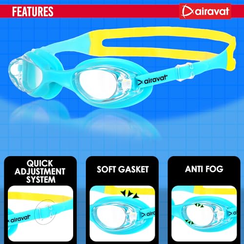 Image of AIRAVAT Hydro 0027 Swimming kit, Swimming Set With Swimming Goggle Nose & Ear Plug And Swim Cap | Optic Quality Poly carbonate Lenses, 100% UV Protection Anti-fog Coated, Ultra Durable (Cyan)