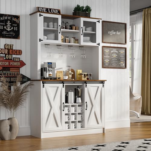 4ever2buy Farmhouse Coffee Bar Cabinet with Sliding Barn Doors, 72'' Hutch Cabinet with Storage, White Bar Cabinet with Glass Doors and Wine Rack, Tall Wine Bar for Living Dining Room - Thumbnail 7