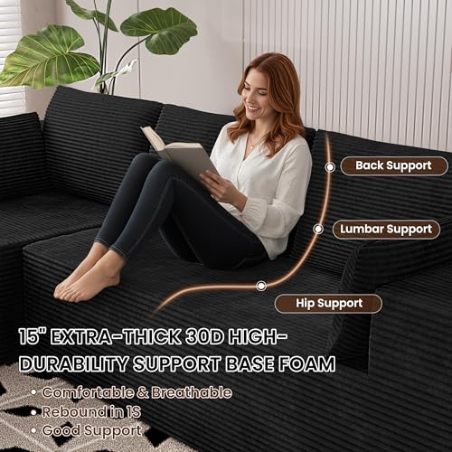 Image of 106 inch Cloud Sectional Boneless Couches for Living Room, Modular L Shaped Couch with Deep Seat Oversized Left Facing Chaise, Memory Foam Compressed Spineless 3 Seater Sofa for Bedroom Apartment, Black