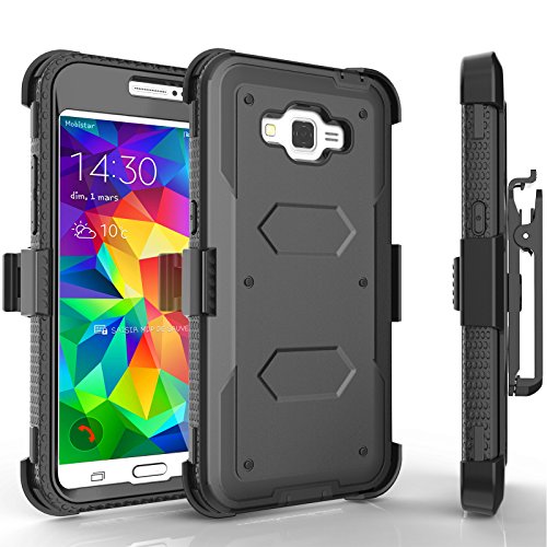 Grand Prime Case, Tekcoo® [TShell Series] [Black] Shock Absorbing [Built-in Screen Protector] Holster Locking Belt Clip Defender Heavy Duty Case Cover for Samsung Galaxy Grand Prime/Go Prime