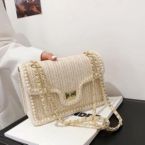 Straw Crossbody Bag for Women, Cute Woven Shoulder Bag with Pearl Trim Small Cross Body Purse Handbag Spring Summer Trendy2
