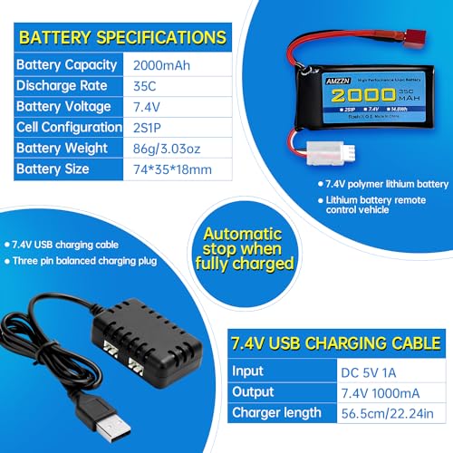 AMZZN 2PCS 7.4V 2000mAh 35C 2S Lipo Battery with T-Plug and 1 to 2 Charger for 300E 9200E 9201E 9206E M416 H16PL 903A HP162S HM124 RC Car, RC Ship Drone Battery - Image 3