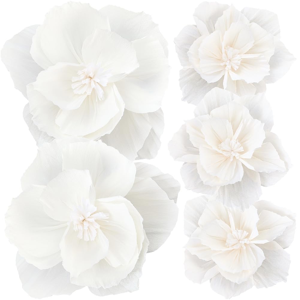 SUNNYCLUE 5Pcs White Paper Flowers Paper Artificial Flower Crepe Tissue Pom Poms Floral Large 3D Handmade Wall Decorations for Wedding Birthday Holiday Party Backdrop Table Centerpieces Decor