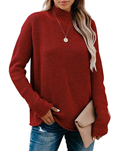 Ybenlow Womens Turtleneck Oversized Sweaters Batwing Long Sleeve Chunky Loose Pullover Knit Jumper Tops (Large, Burgundy)