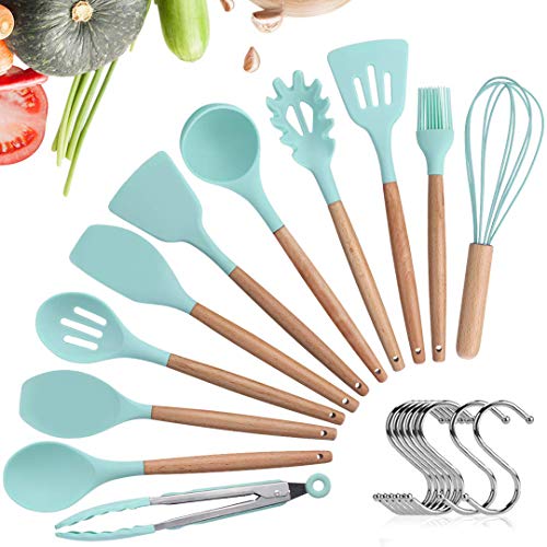 WLOT Lot d'ustensiles de Cuisine en Silicone - 11 pièces - Spatule de Cuisine résistante à la Chaleur - avec poignée en Bois pour ustensiles de Cuisine antiadhésifs et Anti-Rayures Gadget