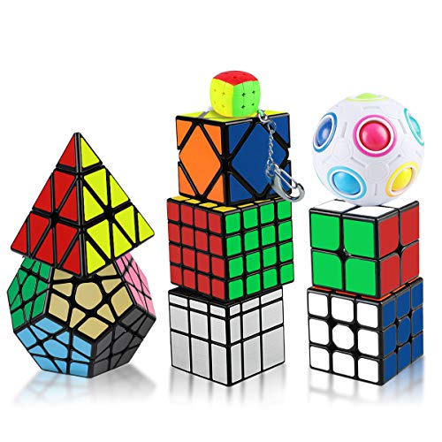KidsPark Magic Speed Cube Set 2x2 3x3 4x4 Pyraminx Megaminx Skewb Mirror Magic Ball Llavero Magic Cube, Adhesivo Suave 3D Magic Puzzle Cube Bundle Cubo Mágico para Niños y Adultos, Paquete de 9