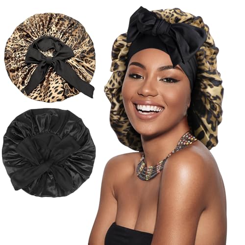 Arqumi 2 Pack Large Satin Sleep Caps with Long Elastic Strap, Adjustable Sleep Caps for Men and Women, Black + Leopard Print