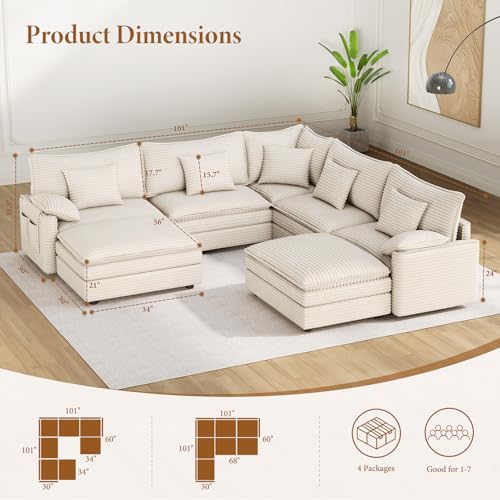 Image of Vesgantti 101 inch V-Shaped Corner Couch Sectional, 7 Seat Customizable Modular Cloud Couches with Movable Ottoman, Corduroy Deep Seat Sofa Set with Chaise for Living Room, Bedroom and Apartment, Beige