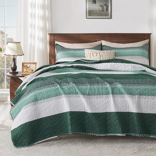 Image of Andency Emerald Green Quilt King(106x96Inch), 3 Pieces (1 Striped Quilt and 2 Pillowcases) Patchwork Striped Bedspread Coverlet Set, Soft Lightweight All Season Quilted Bedding Set