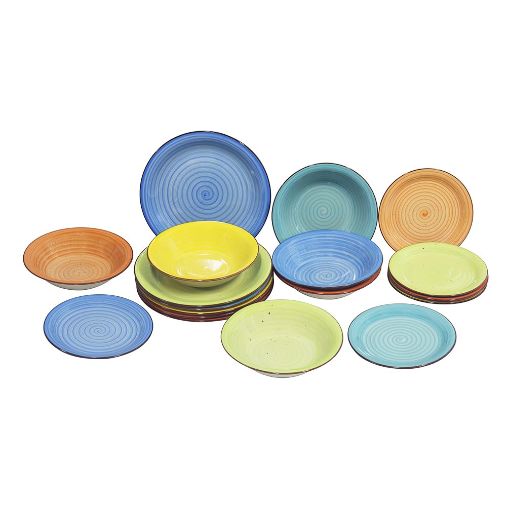 Shally Dogan Service d'assiettes pour 6 personnes en céramique multicolore, lot de 18 pièces servi de table colorée en grès cérame, assiette, assiette, fruits ou sucrés, accessoires de cuisine design