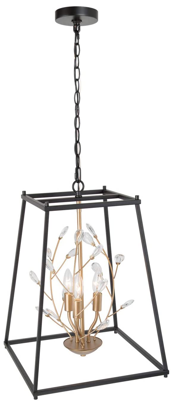 Durent Lighting Black and Gold Crystal Chandelier, Modern Farmhouse Lantern Pendant with Adjustable Chain for Bedroom, Dining Room, Foyer, Entryway, Kitchen Island, 15 