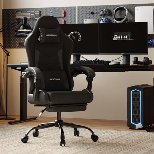 Nexthra Gaming Chair with Footrest Lumbar, Ergonomic Leather Mesh Reclining Chair 220lbs with Headrest for Office and Long Gaming Sessions,Black - Image 3