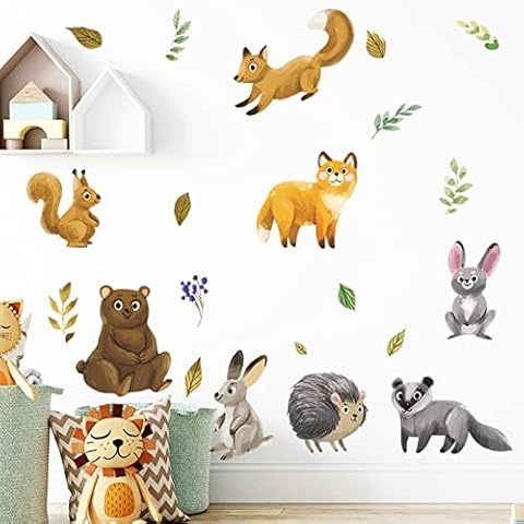 Anguiren Watercolor Cartoon Animals Rabbit Fox Squirrel Hedgehog Bear Wall Stickers Pattern Wallpaper Girl Boys Children Bedroom Decorate Wall Decals for Kids Room Playroom Baby Nursery Wall Art Decor Cover