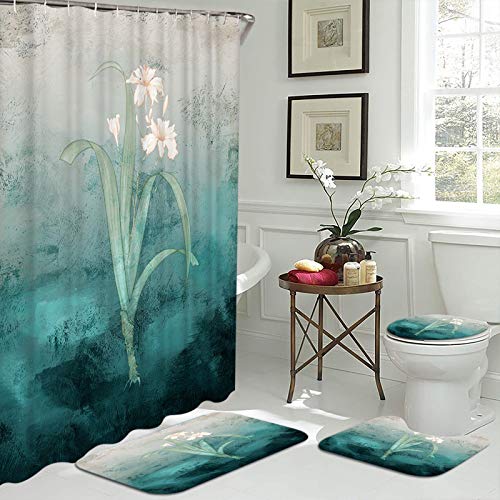 Artsbay Duschvorhang-Set mit rutschfesten Teppichen, WC-Deckelbezug, Badematte, Blütenblüte mit grünen Blättern… – Bild 4